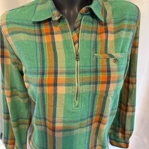 Toad&Co Green and Orange Plaid 1/4 zip flannel
